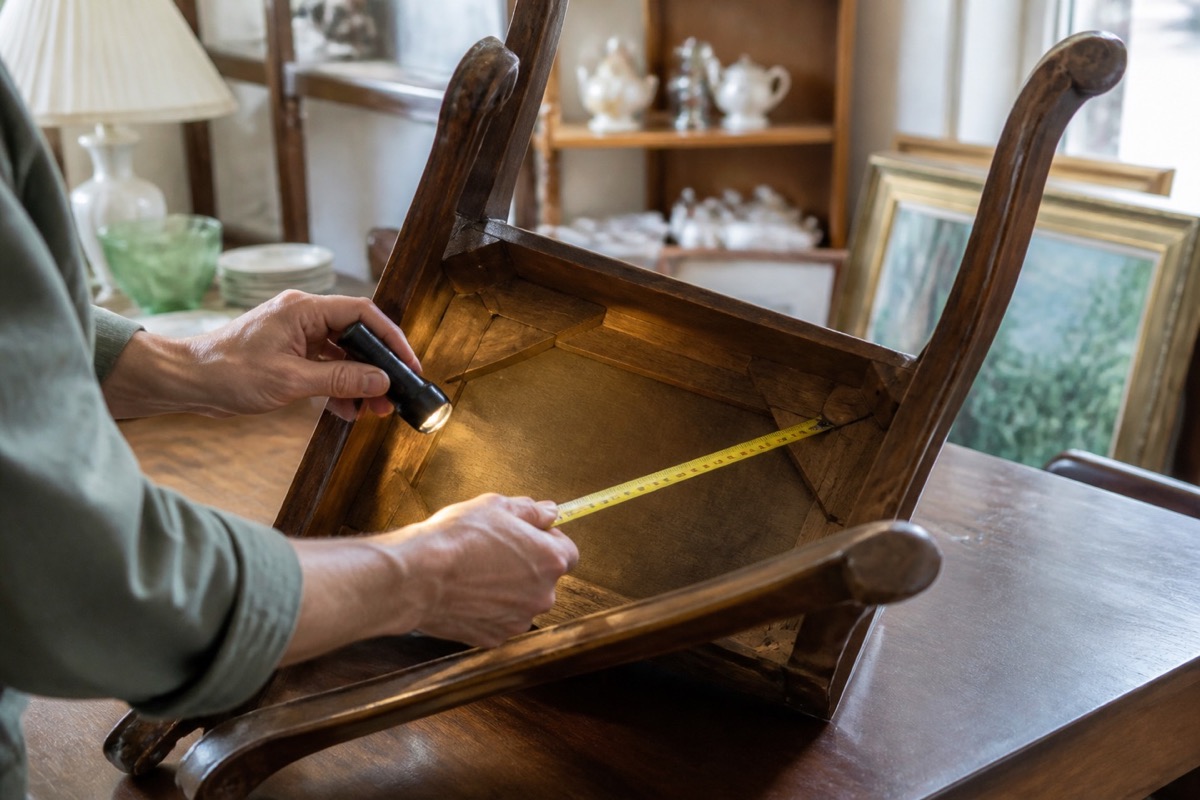 Shopper inspecting the joints and underside of a vintage wood chair with a flashlight and measuring tape