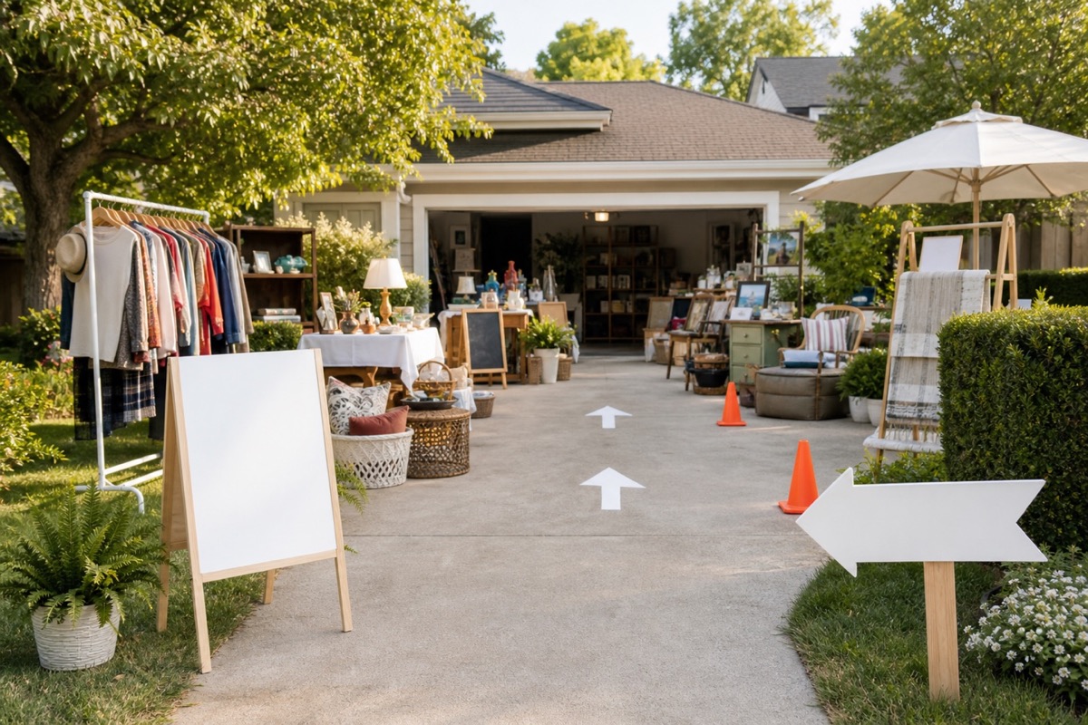 Organized driveway garage sale with clear paths, grouped inventory, and blank directional signs