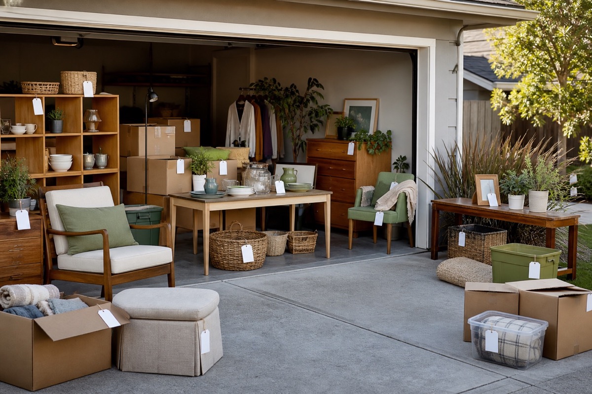 Organized furniture, boxes, and household goods prepared for a moving sale in a garage