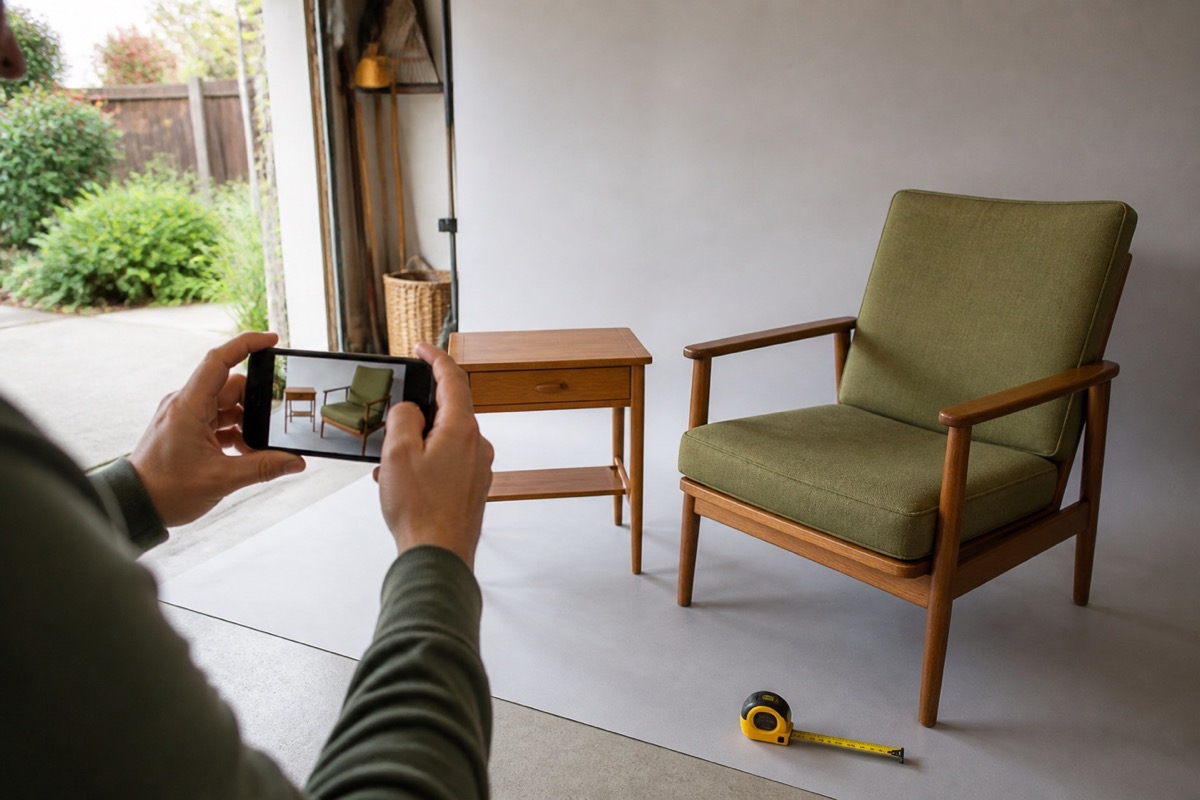Seller photographing a vintage green chair and wood side table in soft daylight