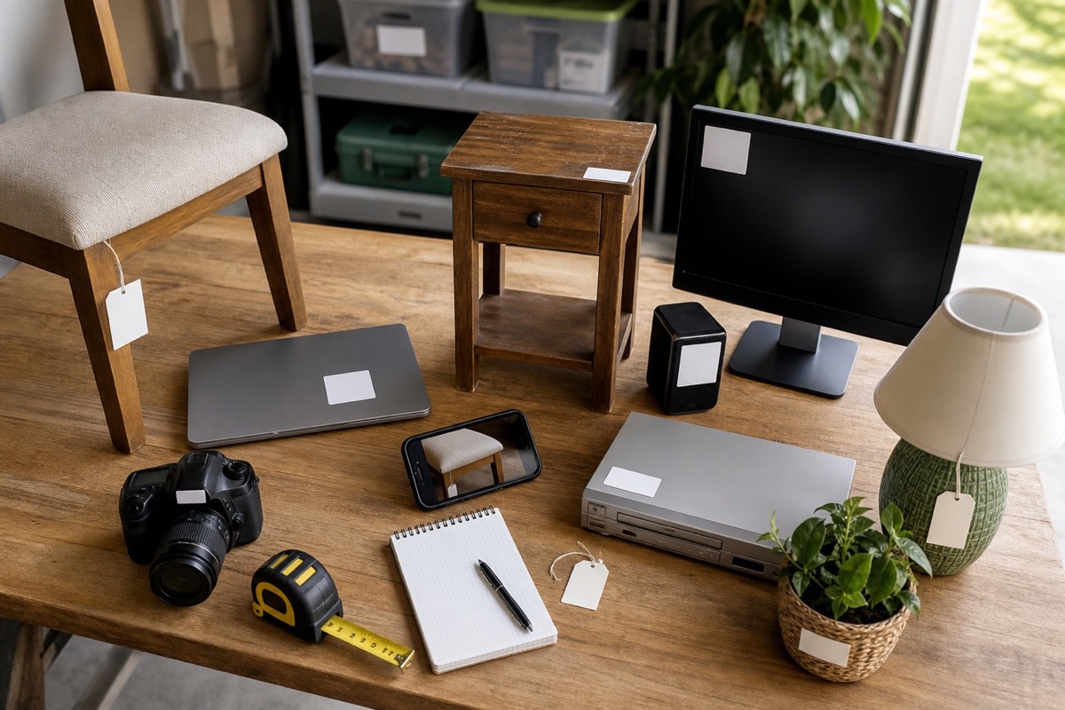 Used furniture and electronics arranged with blank price labels, a measuring tape, and a comparison notebook
