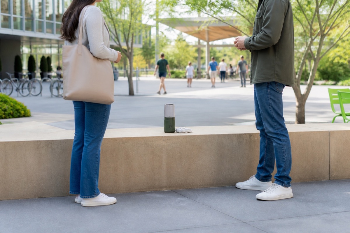 Two adults meeting at a bright public plaza to exchange a small used item