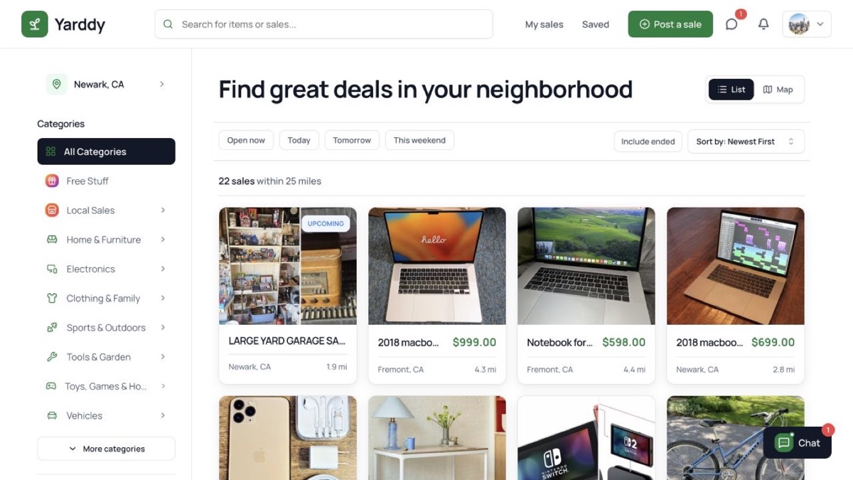 Yarddy browse page showing approximate cities and distances on local listings